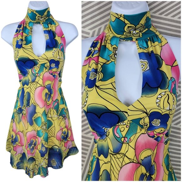 Vtg Bisou Bisou Halter Top Large Floral Print Stretchy Tunic Sexy Keyhole Yellow - Picture 1 of 5